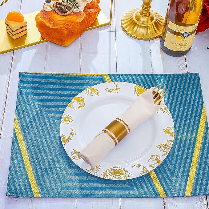 N9R 50 Pack Pre Rolled Gold Plastic Cutlery Set, Wrapped Plastic Silverware Set with 50 Forks, 50 Knives, 50 Spoons and 50 Napkins, Disposable Cutlery Set for Party and Wedding