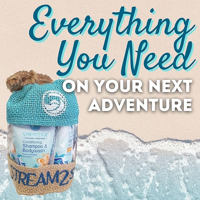 EcoConscious Travel Kit Body & Hair Care Gift Set | Shampoo & Body wash | Conditioner | SPF30, SPF20 and Mineral Sunscreen | SPF 30 Cucumber Mint and Hydrate Cherry Vanilla Lip Balm by Stream2Sea-BrightBean Baby