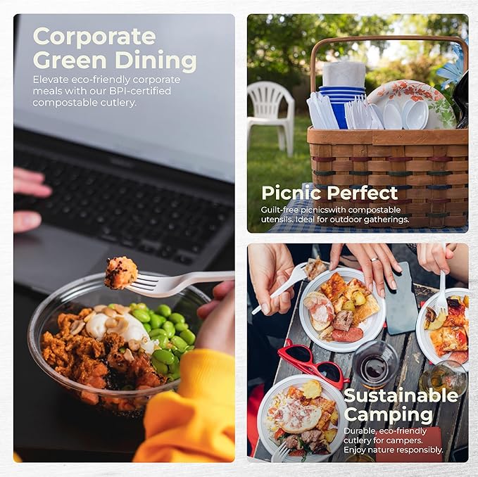 100% Compostable Forks 500 Large biodegradable forks Disposable Compostable Cutlery Silverware Utensils durable and heat resistant alternative to plastic forks with convenient tray by KOALALOVE