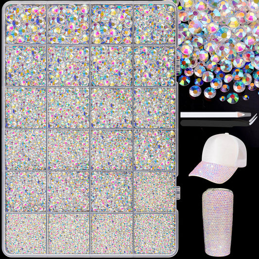 25000Pcs Resin Jelly Rhinestones with Tweezers for Crafting, 2-6mm Mixed Sizes (Transparent AB) Non Hotfix Flatback Gems, Bedazzling Crystal for DIY Crafts Clothing Tumblers Mugs Shoes Decor Nail Art-BrightBean Baby