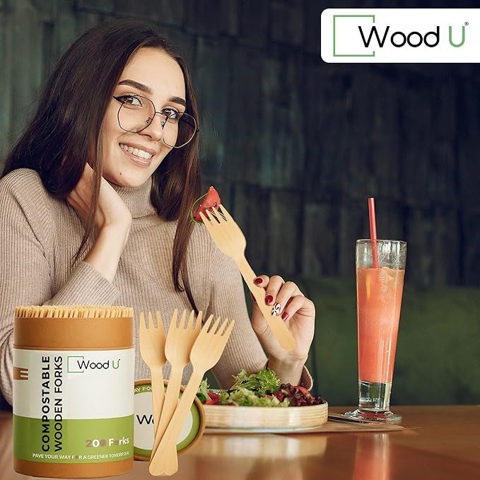 Disposable Wooden Forks by WoodU | 100% All-Natural, Eco-Friendly, Biodegradable, and Compostable - Pack of 200-6.5" forks cutlery utensils