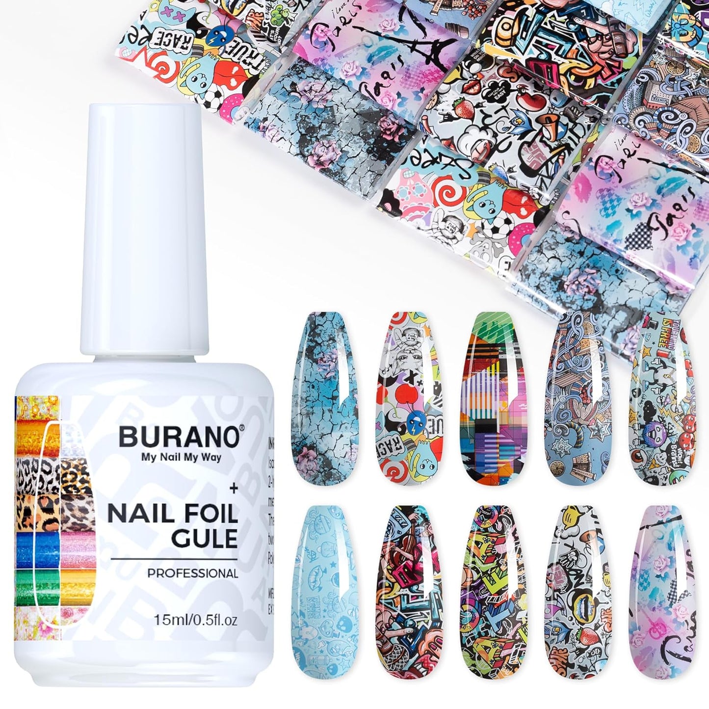 BURANO Nail Art Nail Foil Glue Gel, o.5 oz with 10PCS Foil Stickers Set Nail Foil Glue for Nails Foil Transfer Gel, Nail Design DIY UV LED Lamp Required (Design Foil 17)-BrightBean Baby