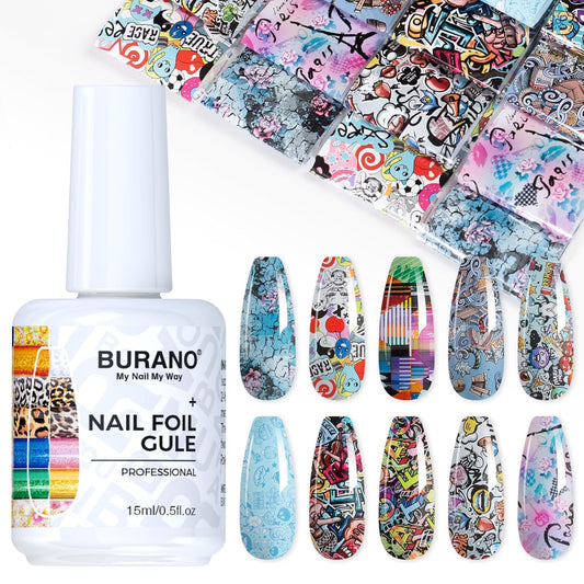BURANO Nail Art Nail Foil Glue Gel, o.5 oz with 10PCS Foil Stickers Set Nail Foil Glue for Nails Foil Transfer Gel, Nail Design DIY UV LED Lamp Required (Design Foil 17)-BrightBean Baby