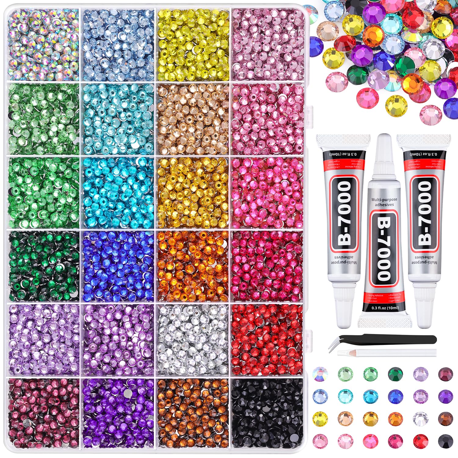 12600Pcs Resin Rhinestones for Bedazzling with Tweezers, Multicolor 4mm Rhinestones for Crafting with 3Pcs 10ml B7000 Jewelry Glue for DIY Crafts Clothing Tumblers Shoes Fabric Nail Art-BrightBean Baby