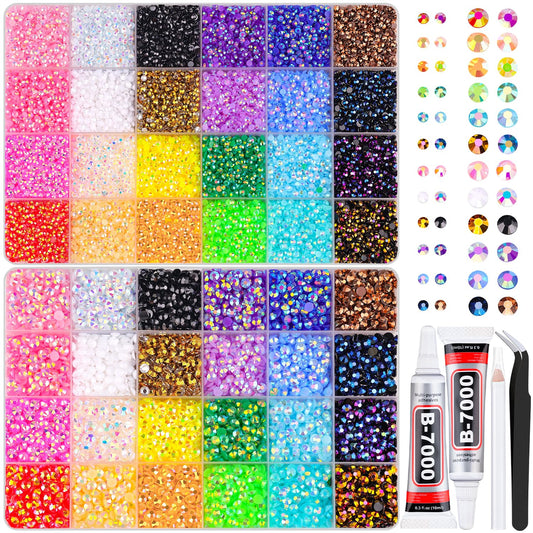 2 Boxes Jelly Rhinestones for Bedazzling, 30600Pcs 3mm & 5mm Multicolor Flatback Resin Gems for Crafting, Bedazzler Kit with 2Pcs 10ml B7000 Jewelry Glue for DIY Crafts Book Fabric Decor Nail Art-BrightBean Baby