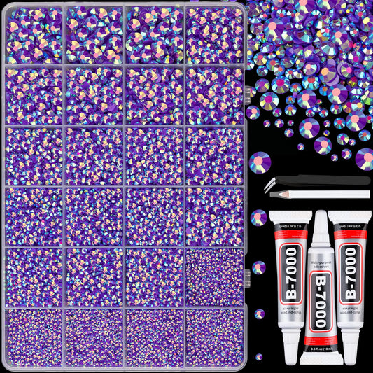 25000Pcs Resin Jelly Rhinestones with Tweezers for Crafting, Dark Purple AB Flatback Gems, Bedazzling Crystal with 3Pcs 10ml B7000 Jewelry Glue for DIY Crafts Clothing Tumblers Shoes Fabric Nail Art-BrightBean Baby