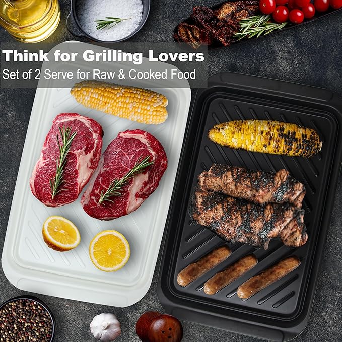 Grilling Prep and Serve Trays, BBQ Tray for Raw and Cooked Food, Melamine Serving Platter for Food, Set of 2, Black and White, Napkin and Cleaning Clothes Included