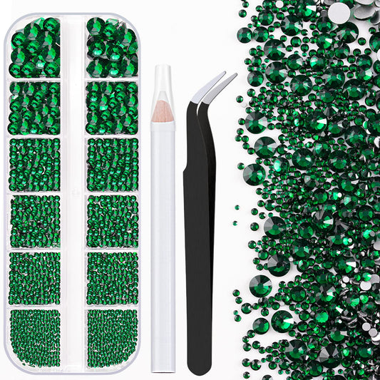One Pack 2000 Pcs of Flatback Round Dark Green Rhinestones 6 Sizes (1.5-6 mm) with Nail Art Rhinestone Picker Pencil and Tweezers for DIY and Salon Use-BrightBean Baby