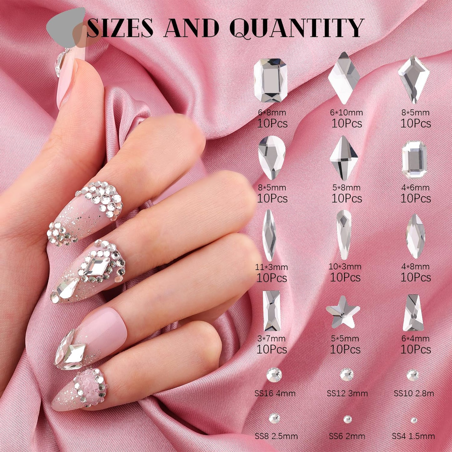 3220Pcs Silver Clear Nail Rhinestones 120Pcs Multi Shapes Glass Flatback Nail Gems + 3100Pcs 1.5-4mm Round Crystal with Rhinestones Glue Gel, Manicure Nail Charms Diamond Gemstones for Nail Art-BrightBean Baby