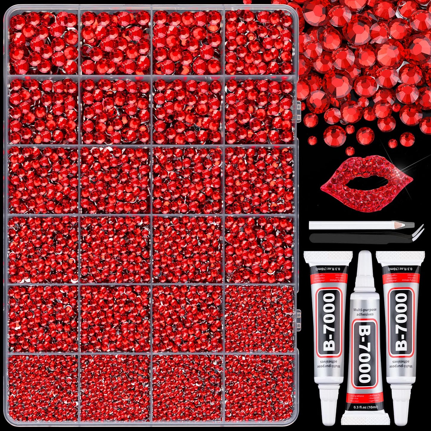 30000Pcs Resin Red Rhinestones with B7000 Jewelry Glue for Crafting, 2-6mm Non Hotfix Flatback Gems, Bedazzling Crystal for DIY Crafts Clothing Tumblers Mugs Shoes Fabric Decor Nail Art-BrightBean Baby