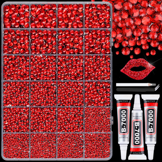 30000Pcs Resin Red Rhinestones with B7000 Jewelry Glue for Crafting, 2-6mm Non Hotfix Flatback Gems, Bedazzling Crystal for DIY Crafts Clothing Tumblers Mugs Shoes Fabric Decor Nail Art-BrightBean Baby
