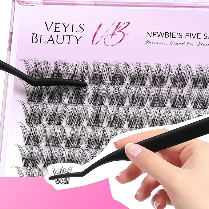 VEYESBEAUTY Lash Clusters Individual Eyelash Extensions Thin & Invisible Band DIY False Eyelashes for Self-application Newbie's Five-Second Series Wispy Lash Tray, LuxeBold 10mm Single Length-BrightBean Baby