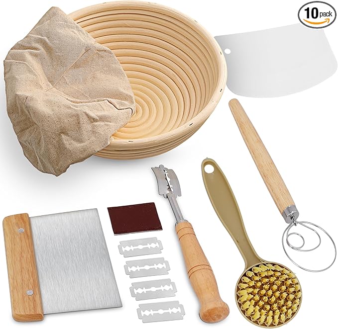 Swice Bread Proofing Basket, Round 9-Inch Banneton Sourdough Starter Kit with Lame, Dough Scraper, Linen Liner, and Basting Brush, Complete Bread Making Supplies and Tools