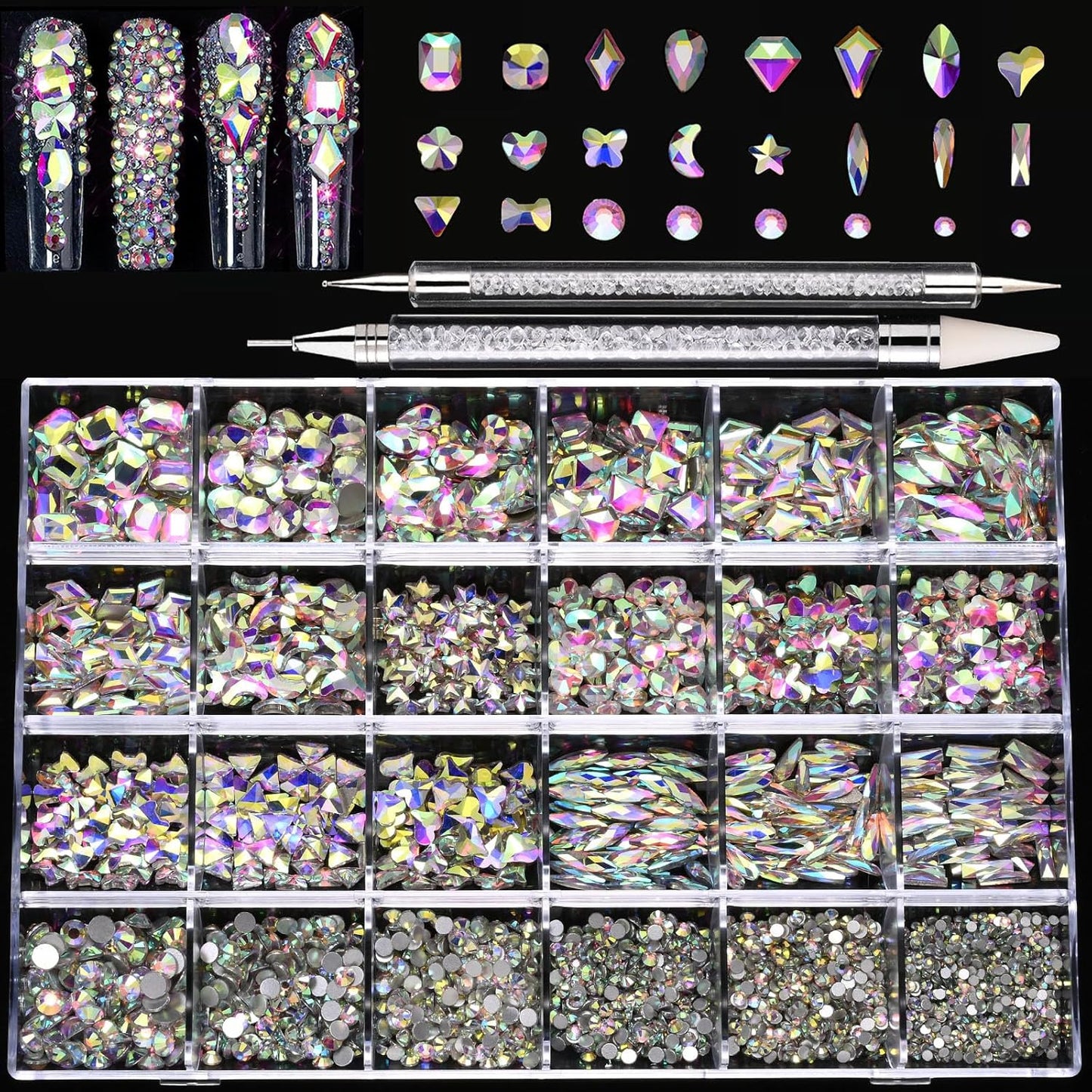 Nail Rhinestones Kit, 18 Types of 900 Special-Shaped Diamonds + 3200 Flat-Bottomed Nail Rhinestones, Nail Crystal DIY Crafts Gemstones for Nail, Shoes, Clothes, Jewels-BrightBean Baby