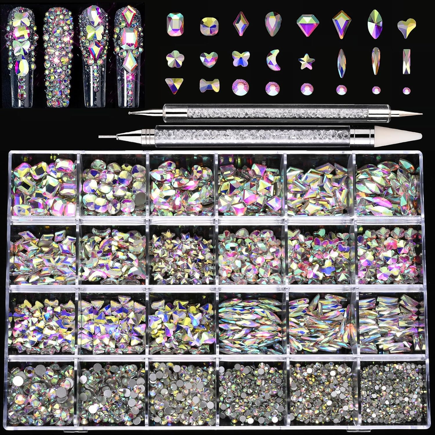 Nail Rhinestones Kit, 18 Types of 900 Special-Shaped Diamonds + 3200 Flat-Bottomed Nail Rhinestones, Nail Crystal DIY Crafts Gemstones for Nail, Shoes, Clothes, Jewels-BrightBean Baby