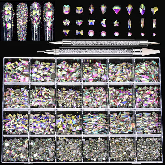 Nail Rhinestones Kit, 18 Types of 900 Special-Shaped Diamonds + 3200 Flat-Bottomed Nail Rhinestones, Nail Crystal DIY Crafts Gemstones for Nail, Shoes, Clothes, Jewels-BrightBean Baby