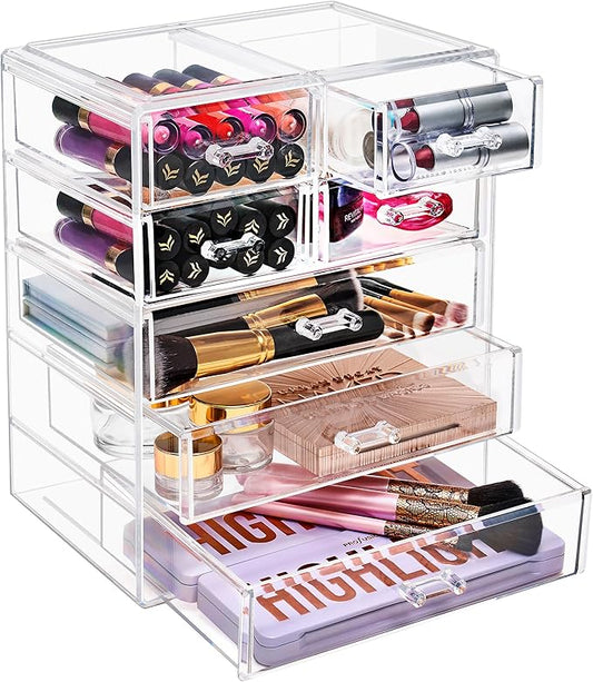 Sorbus Acrylic Makeup Organizer - Organization and Storage Case for Cosmetics Make Up & Jewelry - Big Clear Makeup Organizer for Vanity, Bathroom, College Dorm, Closet, Desk (3 Large, 4 Small Drawers)-BrightBean Baby
