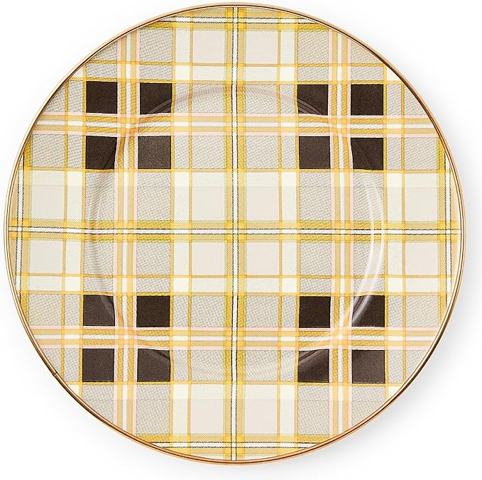MACKENZIE-CHILDS Enamel Salad and Dessert Plate, Small Plate for a Dessert or Appetizer Dish, 8 Inches, Brown-and-White Tartan Mocha