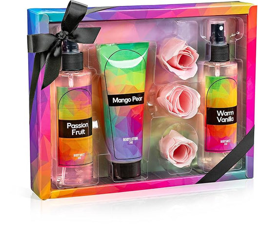 Fine Fragrance Body Mist & Body Splash Gift Set – Luxury Self-Care Combo for Women and Girls (Passion Fruit, Warm Vanilla, Mango Pear, Rose Soap)-BrightBean Baby