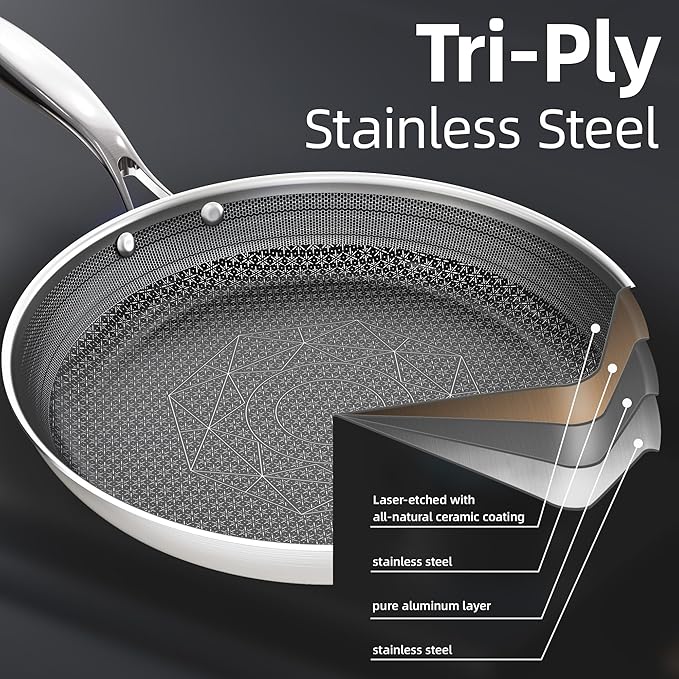 COOKING KING 12 Inch Stainless Steel Pan - Hybrid Nonstick Frying Pan Skillet