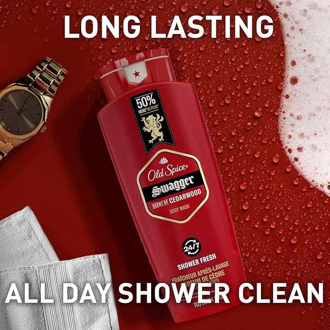 Old Spice Body Wash for Men, 24/7 Shower Fresh with Lasting Scent, Red Collection, Swagger with Cedarwood Scent, 24 fl oz (Pack of 2)-BrightBean Baby
