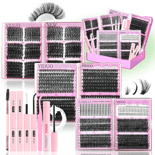 6 Box Mix Lashes Clusters Kit Gift Packs 1686Pcs with 2X Bond&Seal Volume Mega/Bottom Soft Extension False Eyelash D Curl Wispy Natural DIY Individual Fake Eyelashes for Beginners Bulk Pack-BrightBean Baby