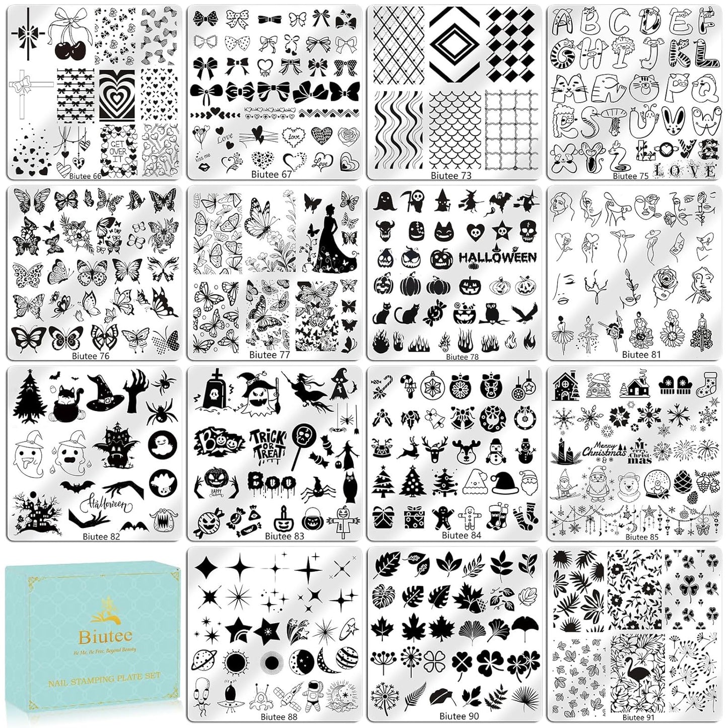 Biutee Nail Stamping Plate 15PCS Nail Stamper Kit Nail Art Stamping Plates Set with Nail Stamper, Scraper & Storage Bag, Nail Stamping Kit Star Bowknot Love Butterfly Leaf Halloween Design Template-BrightBean Baby