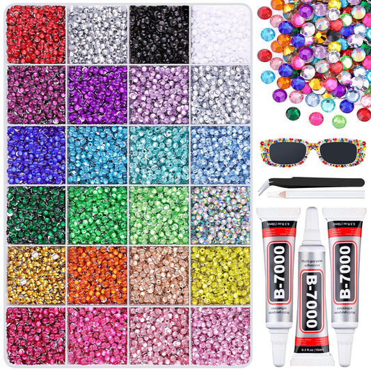 24000Pcs Resin Rhinestones with 3Pcs B7000 Jewelry Glue for Crafting, Multicolors 3mm Non Hotfix Flatback Gems, Bedazzling Crystal for DIY Crafts Clothing Tumblers Mugs Shoes Fabric Decor Nail Art-BrightBean Baby