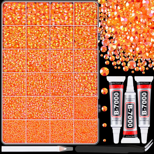 25000Pcs Resin Rhinestones with Tweezers for Crafting, Orange AB 2-6mm Mixed Sizes Bedazzling Crystal with 3Pcs 10ml B7000 Jewelry Glue for DIY Crafts Clothing Tumblers Shoes Fabric Nail Art-BrightBean Baby