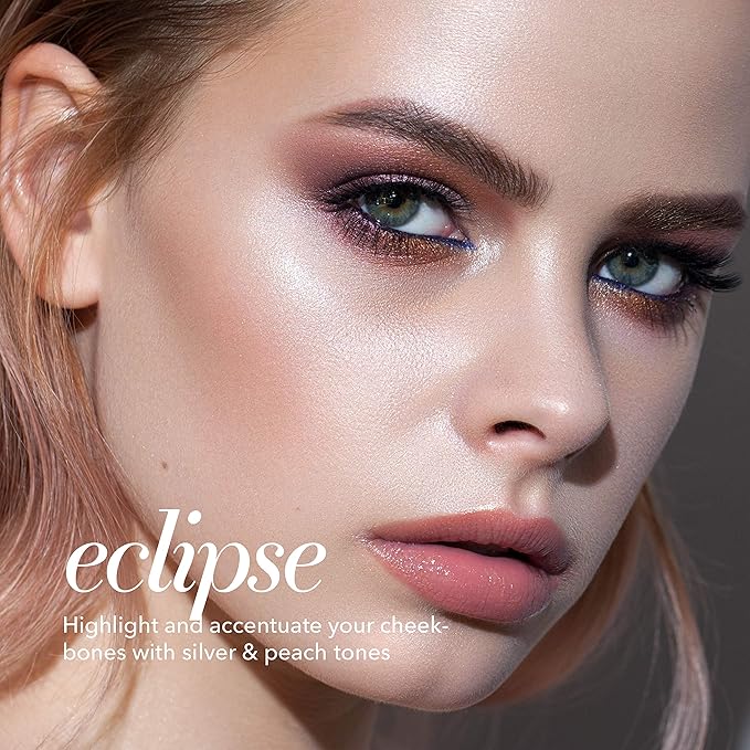 Pippa of London Eclipse Highlighter Palette 381 Make Up for Cheeks and Face with 4 Luxury Highlighters in a Silver Gold Case with Mirror-BrightBean Baby