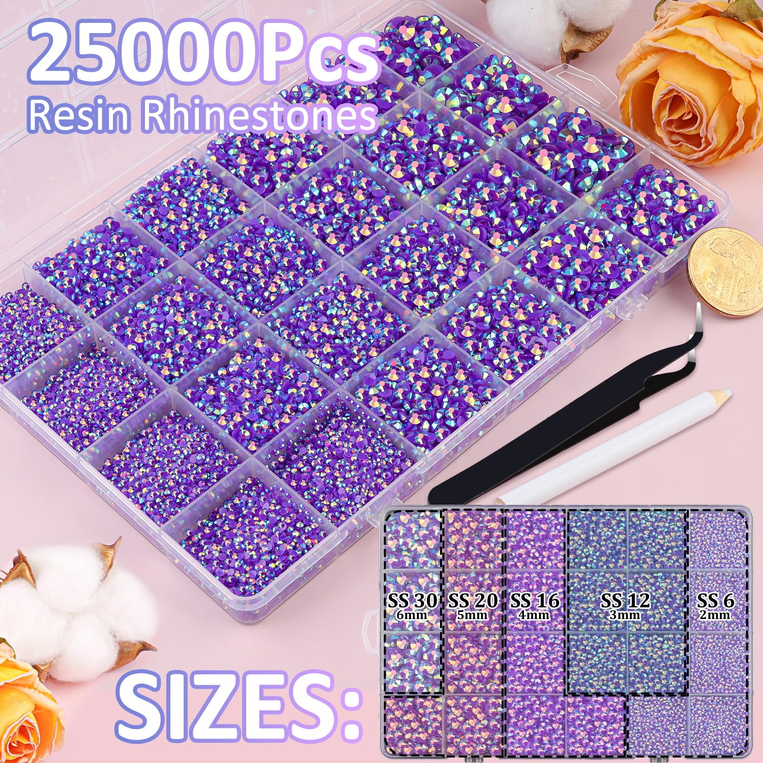25000Pcs Resin Jelly Rhinestones with Tweezers for Crafting, Dark Purple AB Flatback Gems, Bedazzling Crystal with 3Pcs 10ml B7000 Jewelry Glue for DIY Crafts Clothing Tumblers Shoes Fabric Nail Art-BrightBean Baby