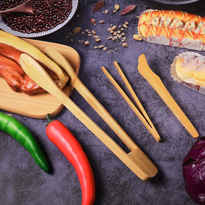 Zopeal 9 Pcs Christmas Kitchen Gift Set Bamboo Utensils for Cooking Wooden Toaster Tongs Long Cooking Salad Tongs for Picking up Cheese Bacon Toast Cake Fruits Bread Spaghetti for Kitchen Women Men