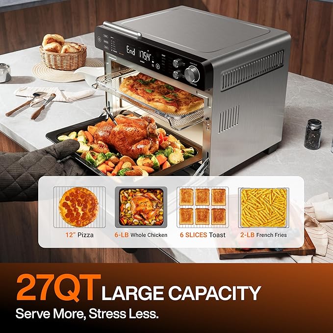 Typhur Sync Oven with Smart Wireless Meat Thermometer Probe, 12‑in‑1 Countertop Air Fryer Toaster Oven Combo, 360° Turbo Convection, Dehydrator, Recipes & 5 Accessories, Large 27QT, Stainless Steel