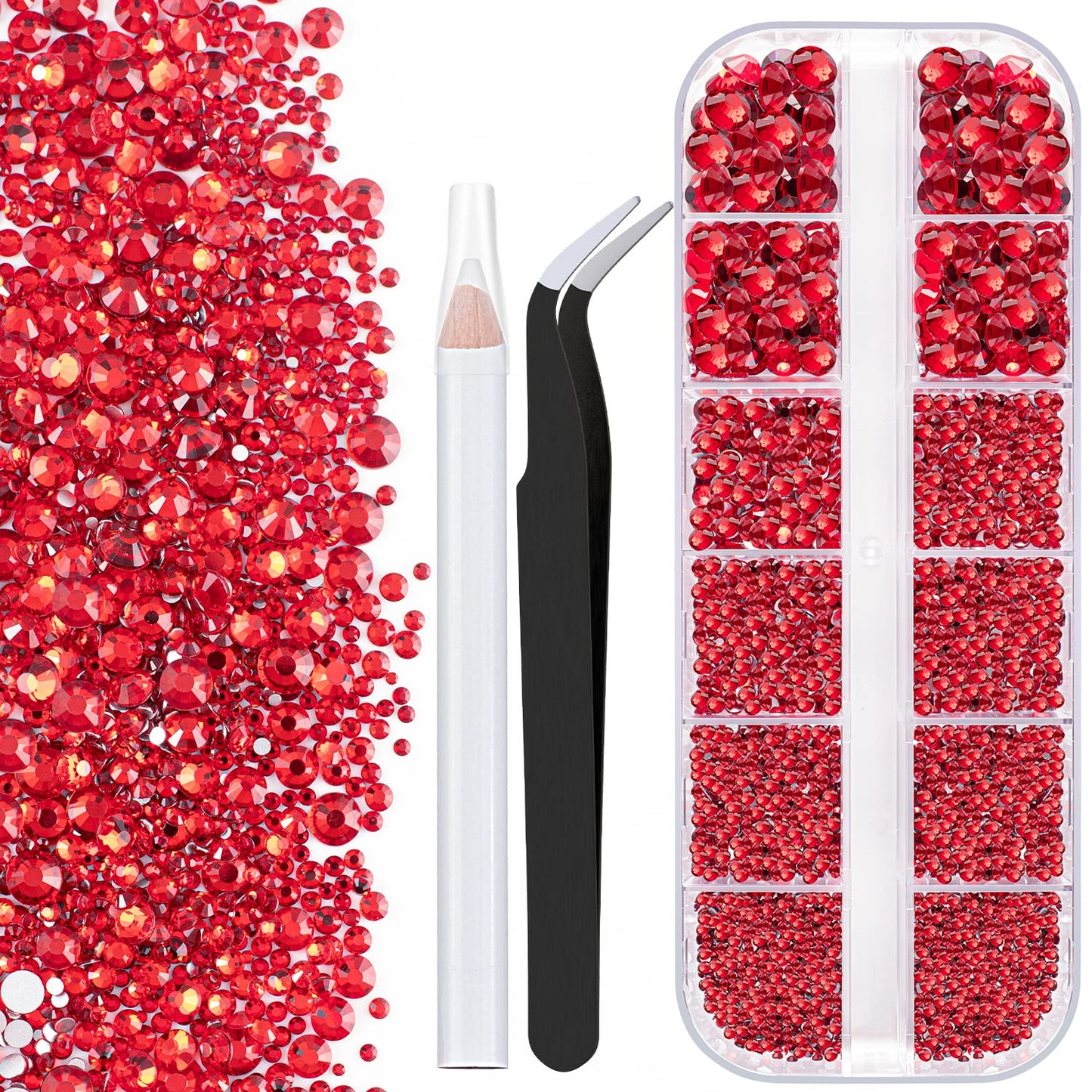 One Pack 2000 Pcs of Flatback Round Red Rhinestones 6 Sizes (1.5-6 mm) with Nail Art Rhinestone Picker Pencil and Tweezers for DIY and Salon Use-BrightBean Baby