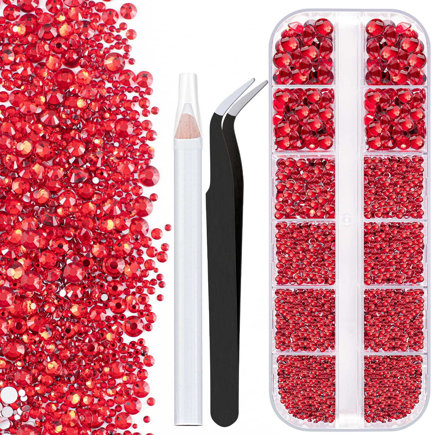 One Pack 2000 Pcs of Flatback Round Red Rhinestones 6 Sizes (1.5-6 mm) with Nail Art Rhinestone Picker Pencil and Tweezers for DIY and Salon Use-BrightBean Baby