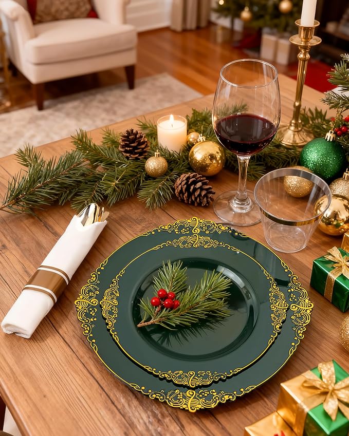 Nervure 350PCS Green Plastic Plates - Green Gold Plastic Dinnerware Sets for 50 Guests - 100 Disposable Plates, 150 Gold Silverware, 50 Cups, 50 Napkins for Wedding & Party & Christmas