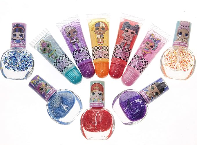 LOL Surprise Townley Girl 11 Pcs Sparkly Cosmetic Makeup Set for Kids Includes 5 Lip Gloss, 5 Nail Polish & Nail Stickers for Girls Tweens, Ages 3+ Perfect for Parties, Sleepovers and Makeovers-BrightBean Baby