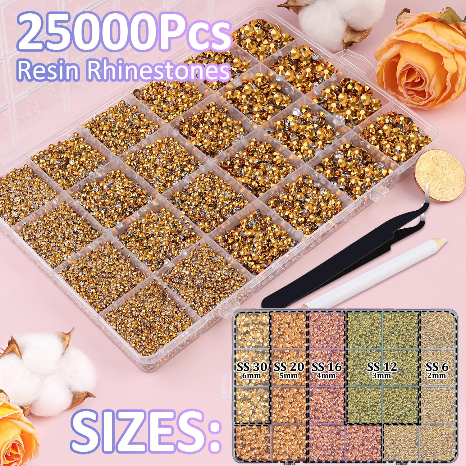 25000Pcs Resin Rhinestones with Tweezers for Crafting, Gold Flatback Gems, Bedazzling Crystal with 3Pcs 10ml B7000 Jewelry Glue for DIY Crafts Clothing Tumblers Shoes Fabric Nail Art-BrightBean Baby
