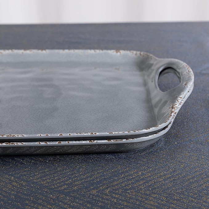 Extra Large Serving Tray with Handles, 19 x12 inch, Set of 2 Melamine Platters for Serving Food, Turkey, Cookie, Farmhouse Rectangular Trays for Eating, Dishwasher Safe, Gray