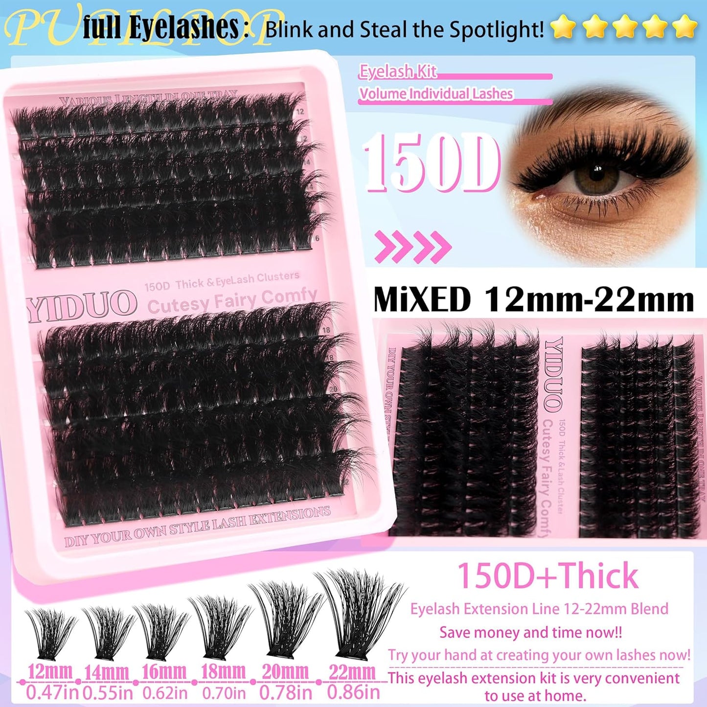575Pcs Bulk Pack Lashes Clusters Kit with Glue and Removers, D Curl Volume 150D+200D+Spiky Lashes Clusters, 12-21mm Manga Extension Eyelashes DIY Individual False Eyelash Wholesale Pack-BrightBean Baby