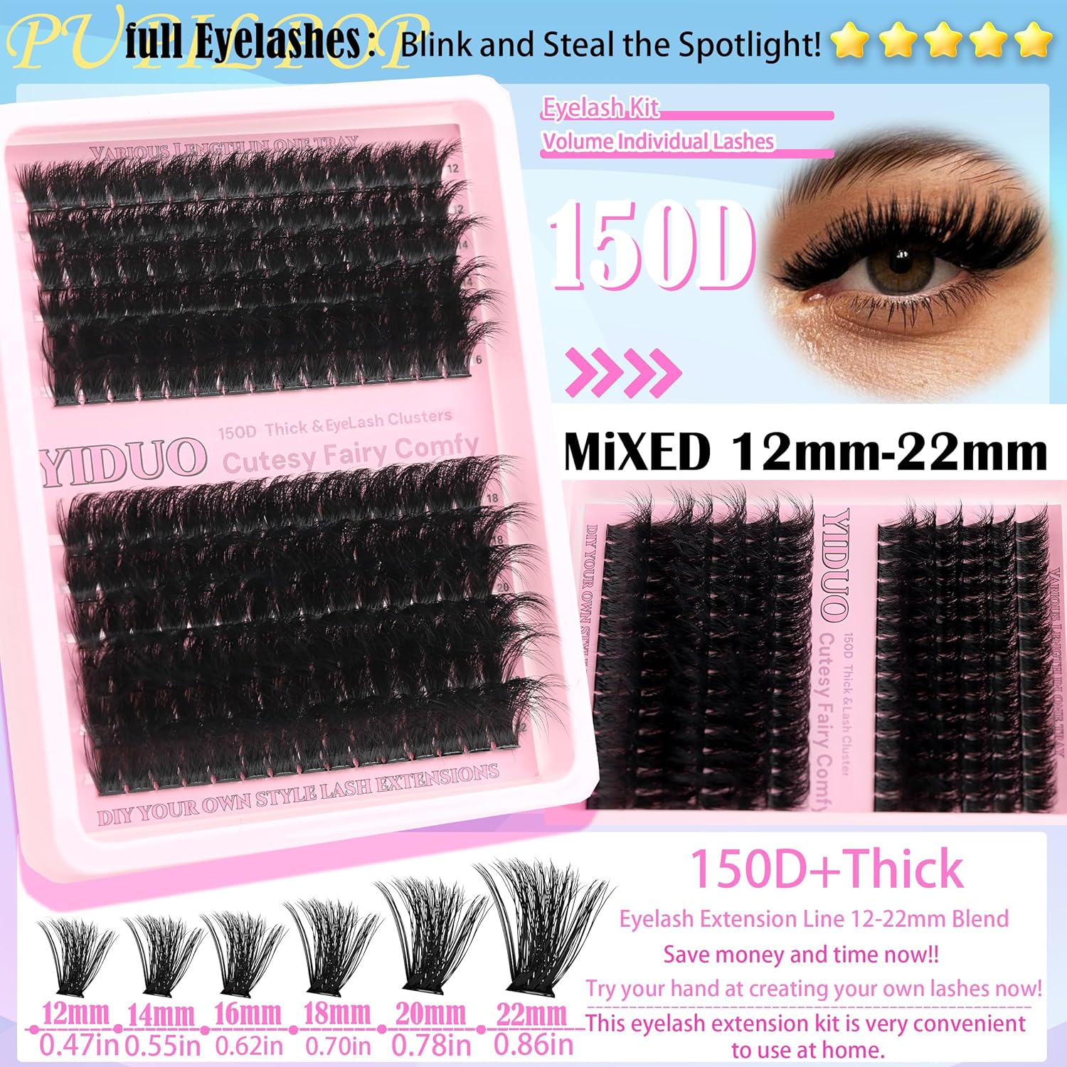 575Pcs Bulk Pack Lashes Clusters Kit with Glue and Removers, D Curl Volume 150D+200D+Spiky Lashes Clusters, 12-21mm Manga Extension Eyelashes DIY Individual False Eyelash Wholesale Pack-BrightBean Baby