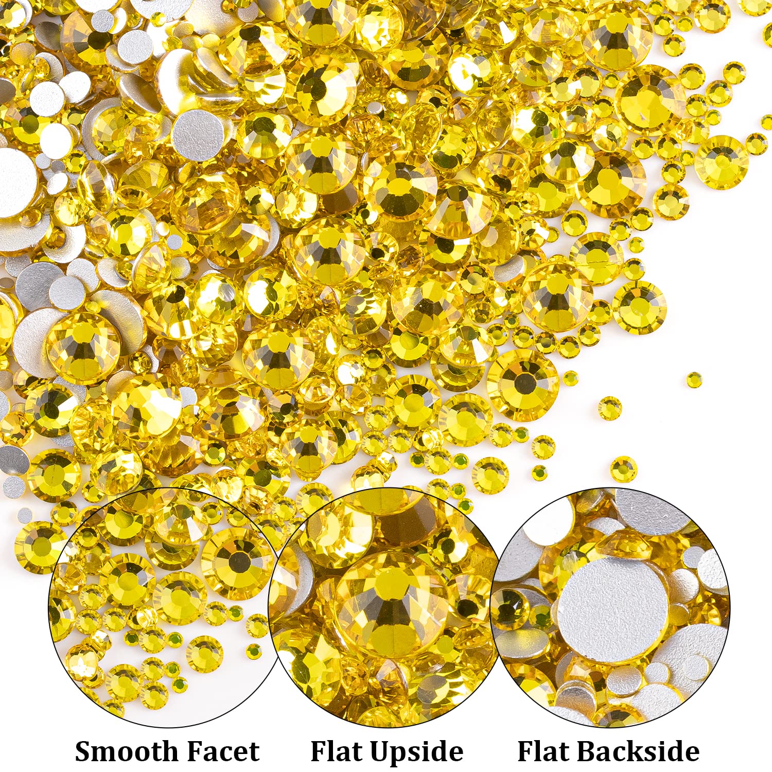 One Pack 2000 Pcs of Flatback Round Lemon Yellow Rhinestones 6 Sizes (1.5-6 mm) with Nail Art Rhinestone Picker Pencil and Tweezer for DIY and Salon Use-BrightBean Baby