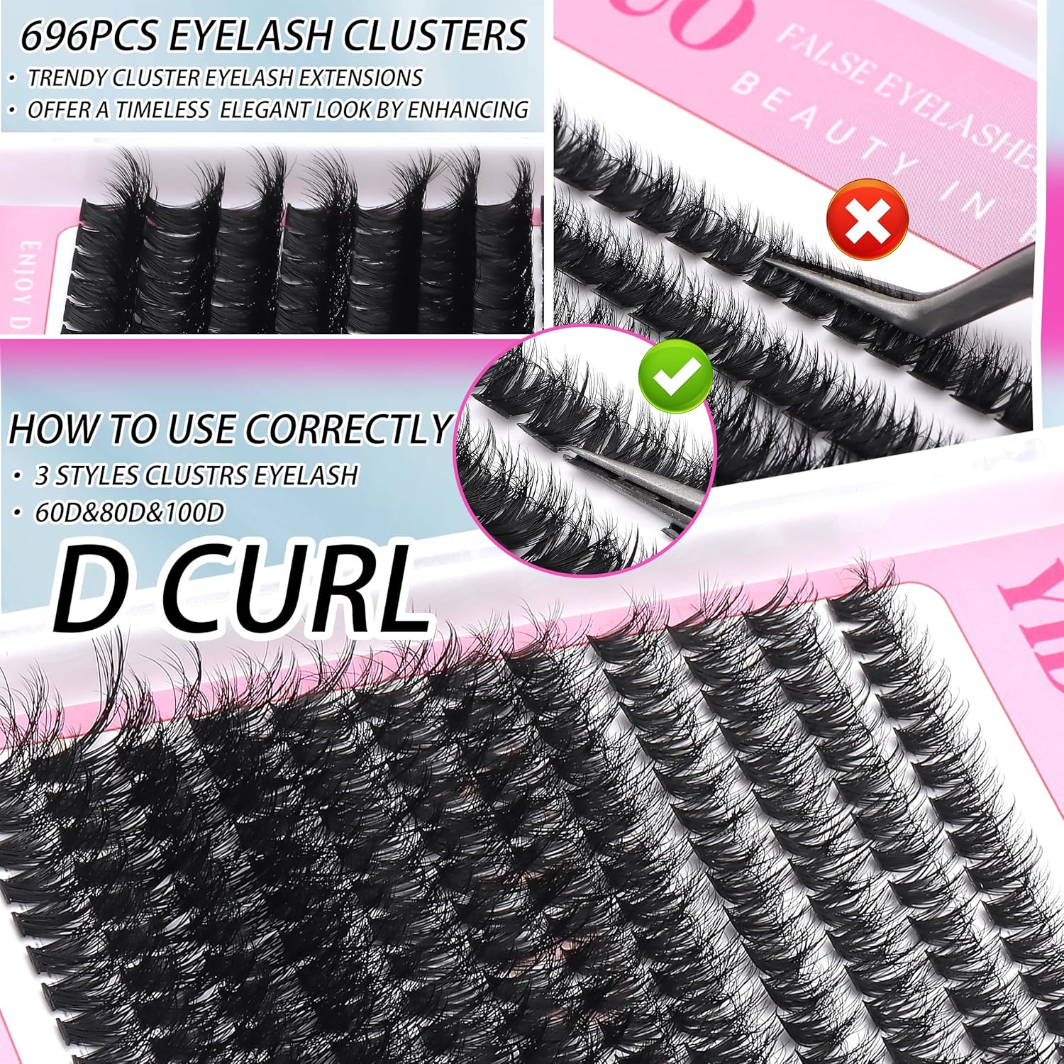 D Curl Volume Fake Eyelashes Lashes Cluster Kit Wispy Faux Mink Lashes 696Pcs Bulk Packs, DIY Individual Eyelash Extensions Wholesale Combo Pack with Glue|Tweezers|Removers-BrightBean Baby