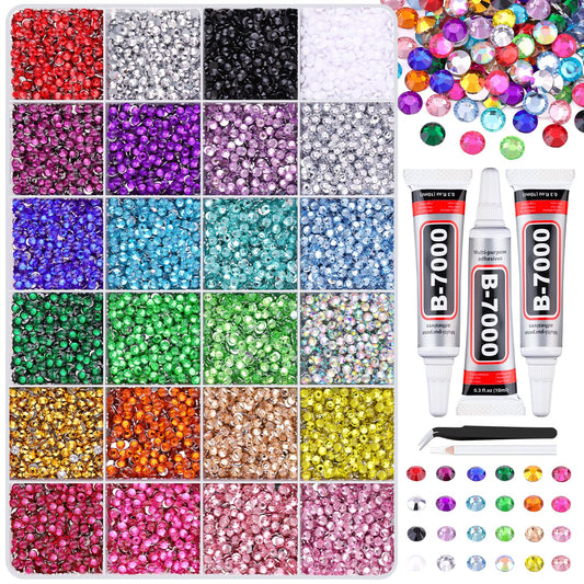 24000Pcs Resin Rhinestones for Crafting with Tweezers, Multicolor 3mm Bedazzling Crystal with 3Pcs 10ml B7000 Jewelry Glue for DIY Crafts Clothing Tumblers Shoes Fabric Nail Art-BrightBean Baby