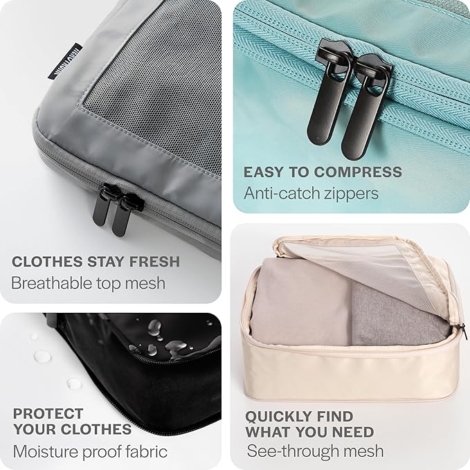 Aerotrunk Compression Packing Cubes for Travel - Luggage Organizer Bags - Double Zipper Packing Cubes for Suitcases (2-Pack, Light Grey)