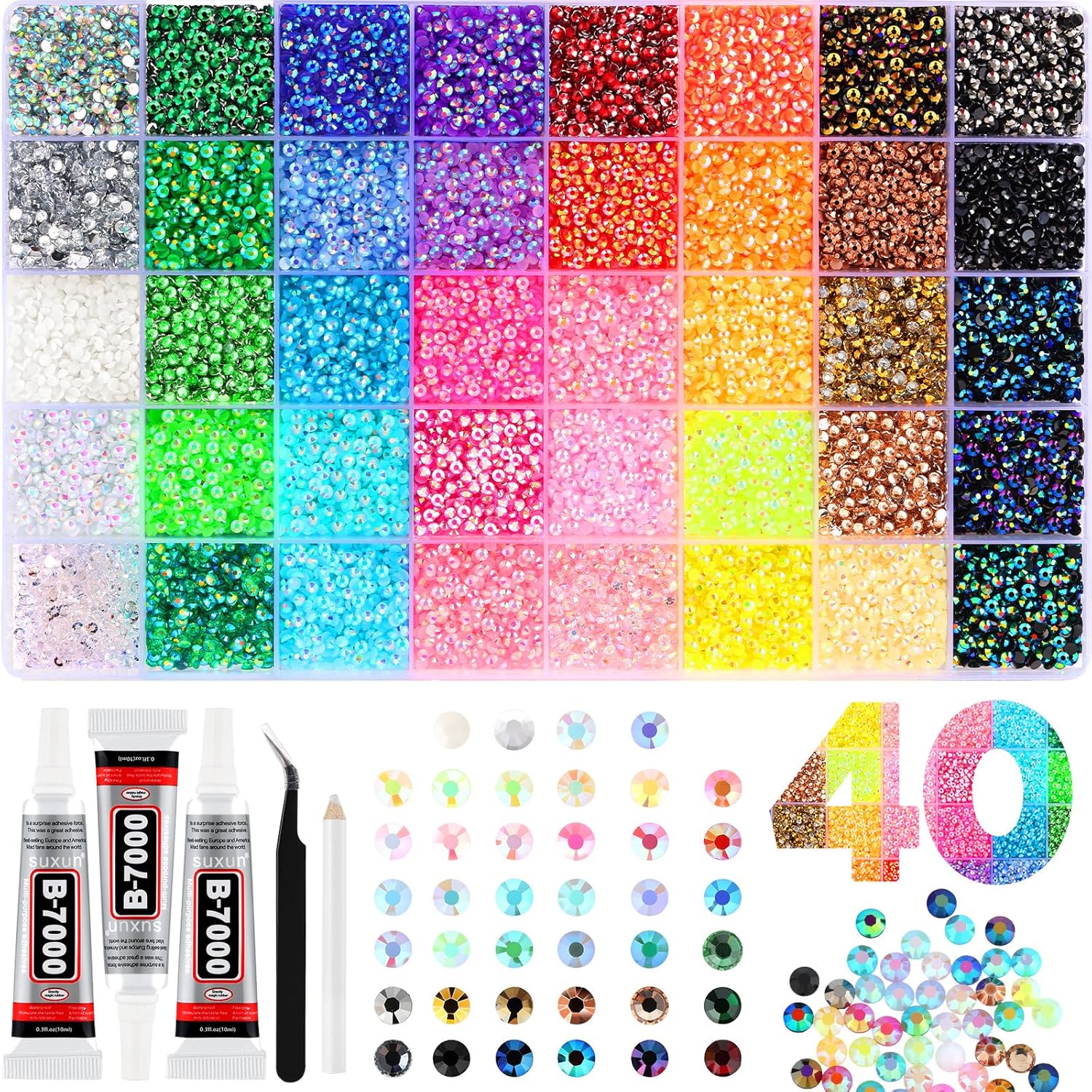 Zefy 40 Colors Resin Jelly Rhinestones for Bedazzling, 3mm 32000 Pcs Flatback Gems for Crafting, Bedazzling Kit with 3Pcs B7000 Glue for Clothing Shoes Nail Book Diamond Art-BrightBean Baby
