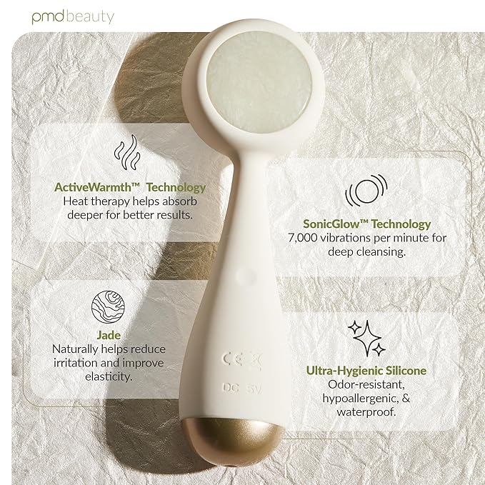 PMD Beauty Clean Pro Jade - Smart Facial Cleansing Device with Silicone Brush & Jade Gemstone ActiveWarmth Anti-Aging Massager - Waterproof - SonicGlow Vibration - Clear Pores & Blackheads-BrightBean Baby