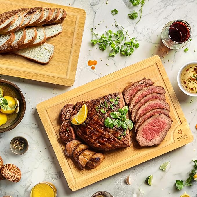 ROYAL CRAFT WOOD Wooden Cutting Boards for Kitchen Meal Prep & Serving - Bamboo Wood Serving Board Set with Deep Juice Groove Side Handles - Charcuterie & Chopping Butcher Block for Meat
