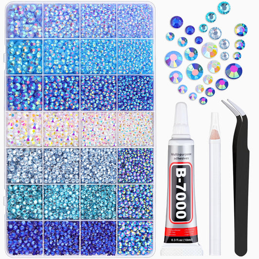 20000Pcs Blue Rhinestones for Bedazzling with 1Pcs B7000 Jewelry Glue, Resin Rhinestones for Crafting Crafts DIY, Bedazzler Kit Gems for Clothing Shoes Tumblers Nail Art Assorted Size 3/4/5/6mm-BrightBean Baby