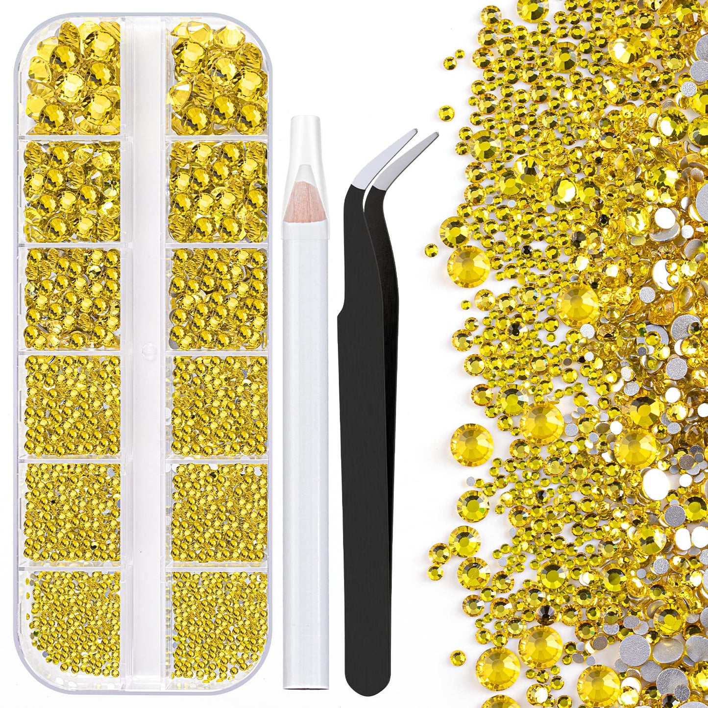One Pack 2000 Pcs of Flatback Round Lemon Yellow Rhinestones 6 Sizes (1.5-6 mm) with Nail Art Rhinestone Picker Pencil and Tweezer for DIY and Salon Use-BrightBean Baby